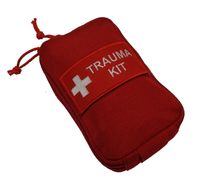 Red Community First Responder Trauma Kit pouch with white cross and TRAUMA KIT label, designed for rapid access in emergencies. Includes essential first aid supplies for bleeding, airway, and wound care.