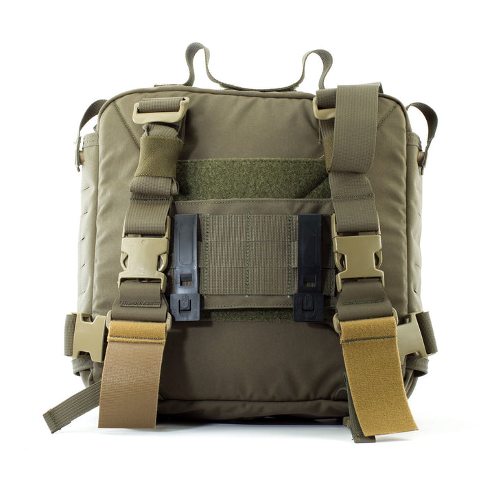 Top-down view of the bag partially unzipped showing internal storage access.