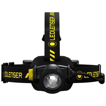 Front view of the Ledlenser H7R Work headlamp showing the main lens and strap detail.