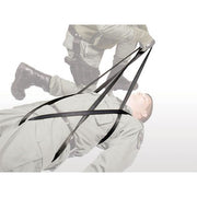 Diagram of the North American Rescue Hasty Harness being used in a military setting with the 1 man drag maneouvre.