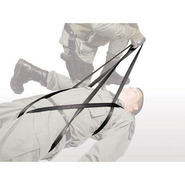 Diagram of the North American Rescue Hasty Harness being used in a military setting with the 1 man drag maneouvre.