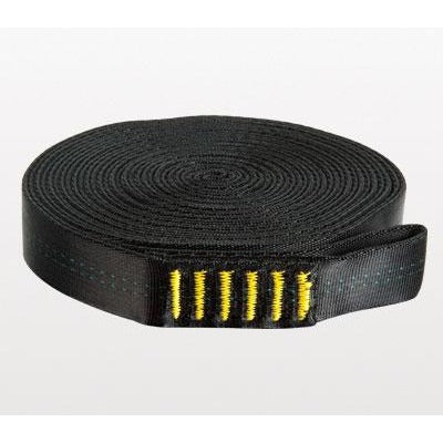 Rolled view of the North American Rescue Hasty Harness in black with yellow high vis stitching on a grey background