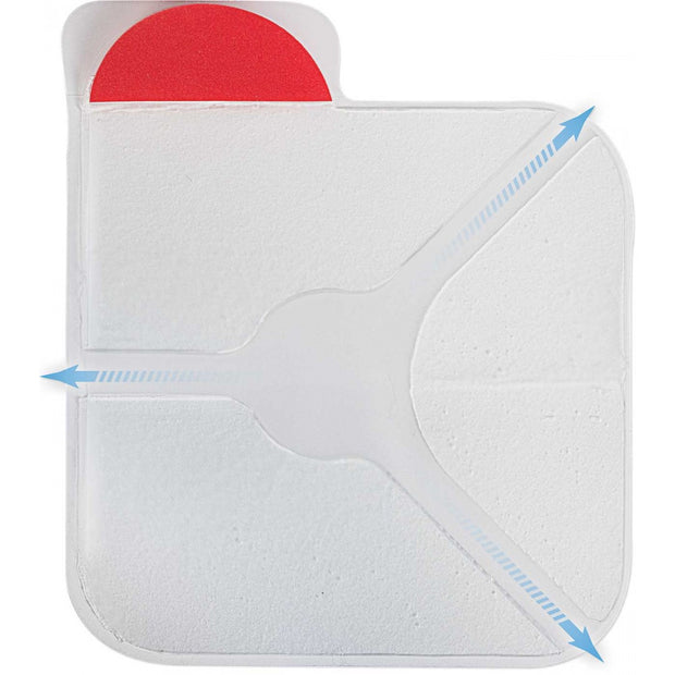 Hyfin Vent Chest Seal single out of package, showing 3 chambers and adhesive pad with removable backing with red tab