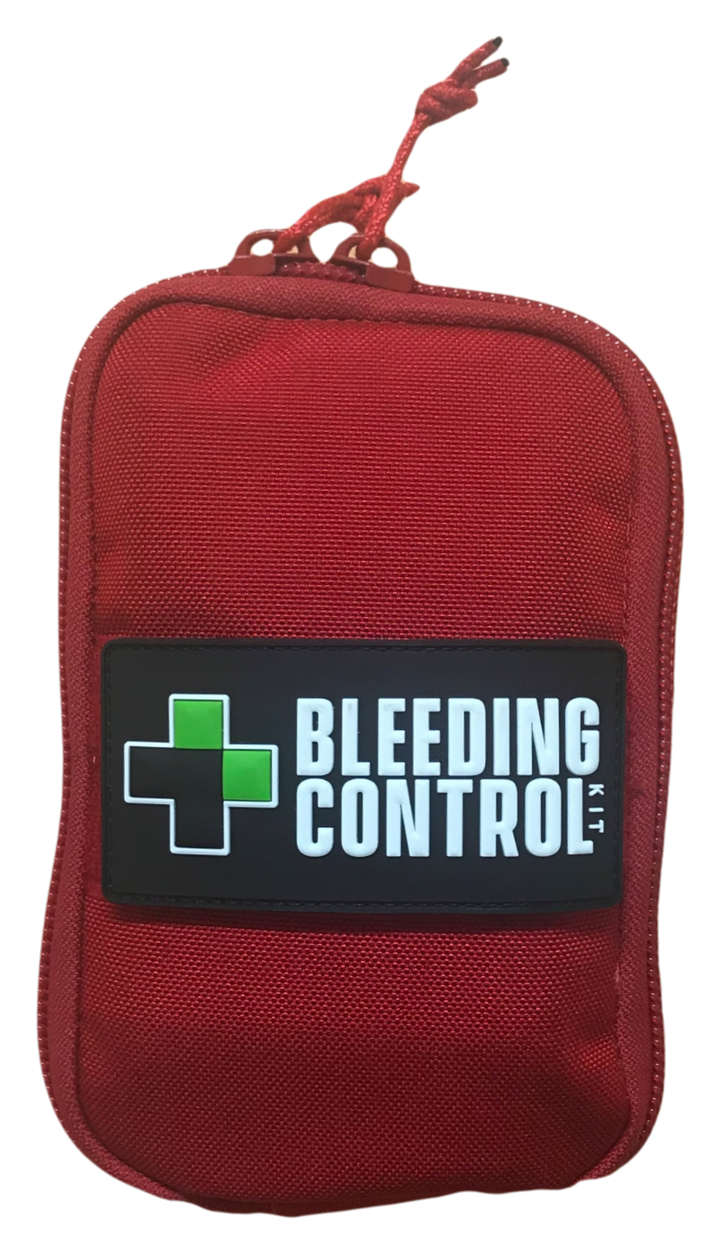 Red TacMed pouch with a black Bleeding Control patch and dual zipper closure.
