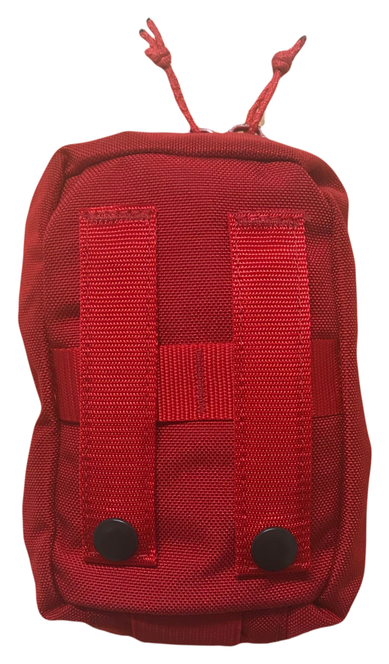 Back view of the red pouch showing MOLLE-compatible webbing for attachment.