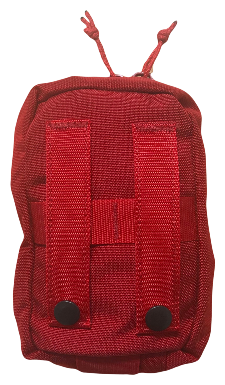 Back view of the red pouch showing MOLLE-compatible webbing for attachment.