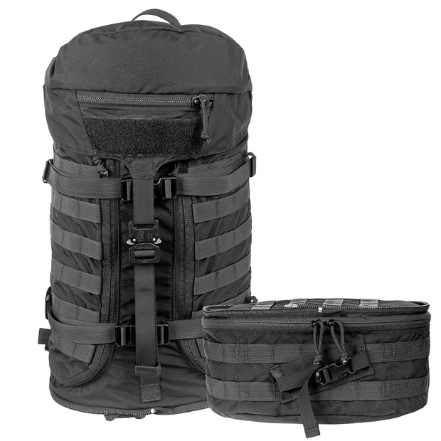 NAR Multi Mission Trauma Pack in black, a rugged backpack with 3200 cubic inch capacity for tactical medics. Features six detachable compartments, internal MOLLE with hook-and-loop, a multi-mission belt, and rappelling loops. Converts into a trauma sheet for vehicle or aircraft use. Includes North American Rescue branding. Bag only, gear sold separately