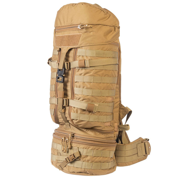 NAR Multi Mission Trauma Pack in tan, a rugged backpack with 3200 cubic inch capacity for tactical medics. Features six detachable compartments, internal MOLLE with hook-and-loop, a multi-mission belt, and rappelling loops. Converts into a trauma sheet for vehicle or aircraft use. Includes North American Rescue branding. Bag only, gear sold separately