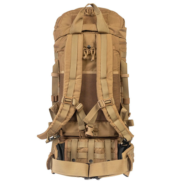 NAR Multi Mission Trauma Pack in tan, a rugged backpack with 3200 cubic inch capacity for tactical medics. Features six detachable compartments, internal MOLLE with hook-and-loop, a multi-mission belt, and rappelling loops. Converts into a trauma sheet for vehicle or aircraft use. Includes North American Rescue branding. Bag only, gear sold separately