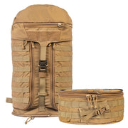 NAR Multi Mission Trauma Pack in tan, a rugged backpack with 3200 cubic inch capacity for tactical medics. Features six detachable compartments, internal MOLLE with hook-and-loop, a multi-mission belt, and rappelling loops. Converts into a trauma sheet for vehicle or aircraft use. Includes North American Rescue branding. Bag only, gear sold separately