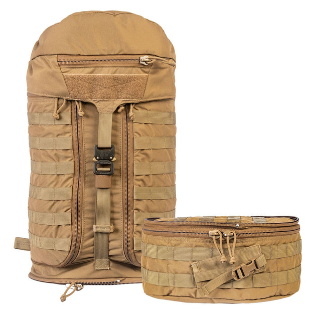 NAR Multi Mission Trauma Pack in tan, a rugged backpack with 3200 cubic inch capacity for tactical medics. Features six detachable compartments, internal MOLLE with hook-and-loop, a multi-mission belt, and rappelling loops. Converts into a trauma sheet for vehicle or aircraft use. Includes North American Rescue branding. Bag only, gear sold separately
