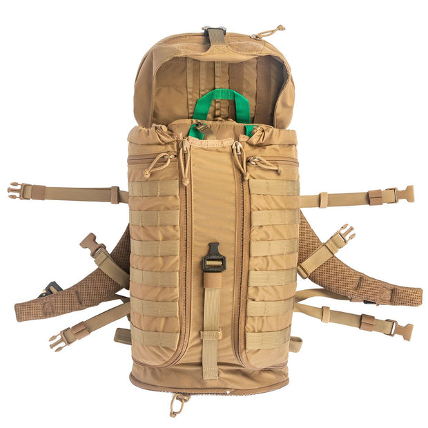 NAR Multi Mission Trauma Pack in tan, a rugged backpack with 3200 cubic inch capacity for tactical medics. Features six detachable compartments, internal MOLLE with hook-and-loop, a multi-mission belt, and rappelling loops. Converts into a trauma sheet for vehicle or aircraft use. Includes North American Rescue branding. Bag only, gear sold separately