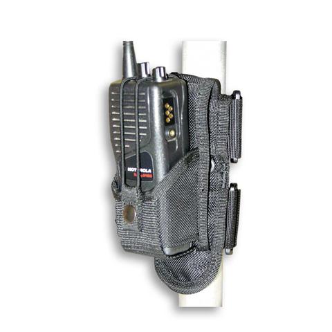 Multi-Tach adapter mounted to a radio holster secured on a vertical strap.