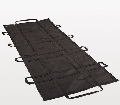 Black North American Rescue Quik Litter out of packaging and laying flat, upside down on a white background.  Used in wilderness and remote emergency situations for patient extradition.  