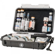 Black North American Rescue Armadillo Medical Case shown open with displace medications inside. Case is lockable and medications not included