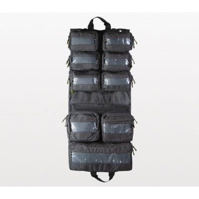 Open view of North American Rescue Trauma Sheet Bag in black with multiple compartments to store emergency prehospital medical supplies and hardware
