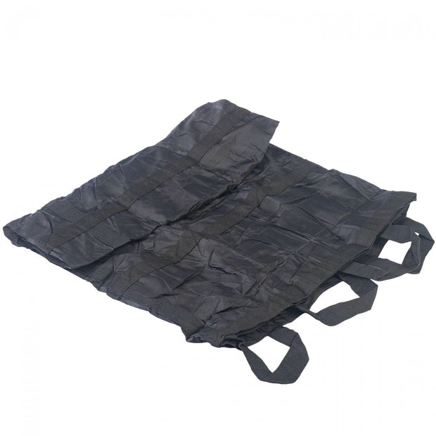 Black North American Rescue QuikLitter Lite out of packing and shown on a white background. Used for remote emergency scenarios where a compact extrication device is required.