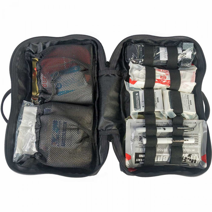 Open view of North American Rescue Patrol Bag stocked with prehospital trauma gear to save lives. Medical supplies not included