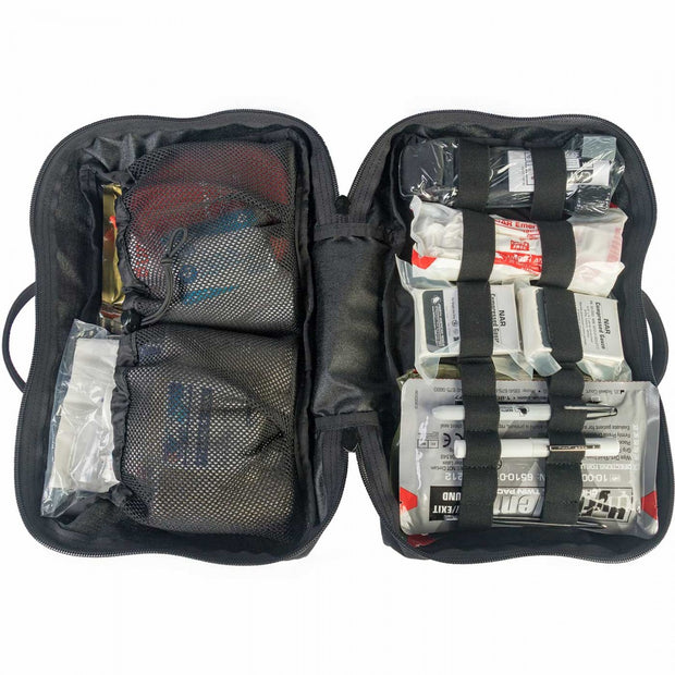 Open view of North American Rescue Patrol Bag stocked with prehospital trauma gear to save lives. Medical supplies not included