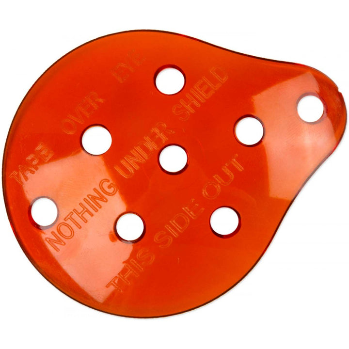 Bright orange polycarbonate eye shield with ventilation holes and embossed text indicating front and back.