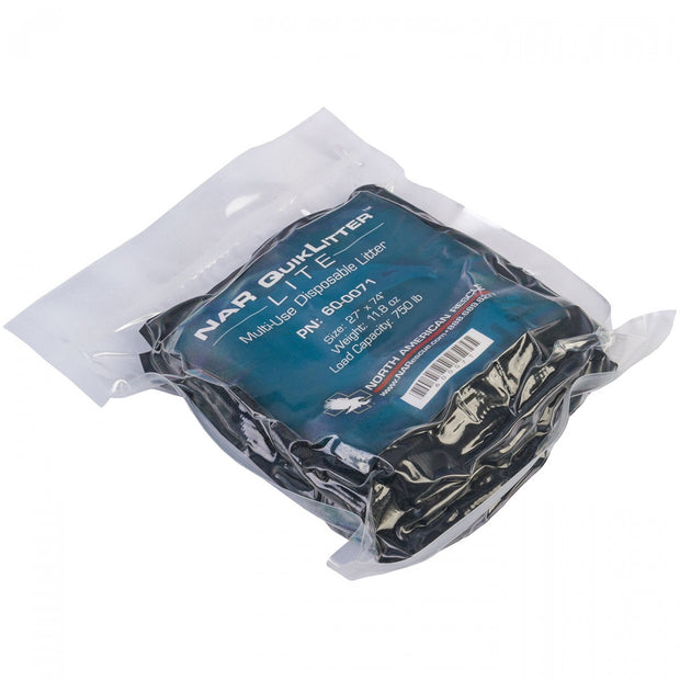 Packaged NAR QuikLitter Lite Multi-Use Disposable Litter in black with blue label displaying size 27" x 74" and weight 11.8oz. Used for remote emergency scenarios where a compact extrication device is required.