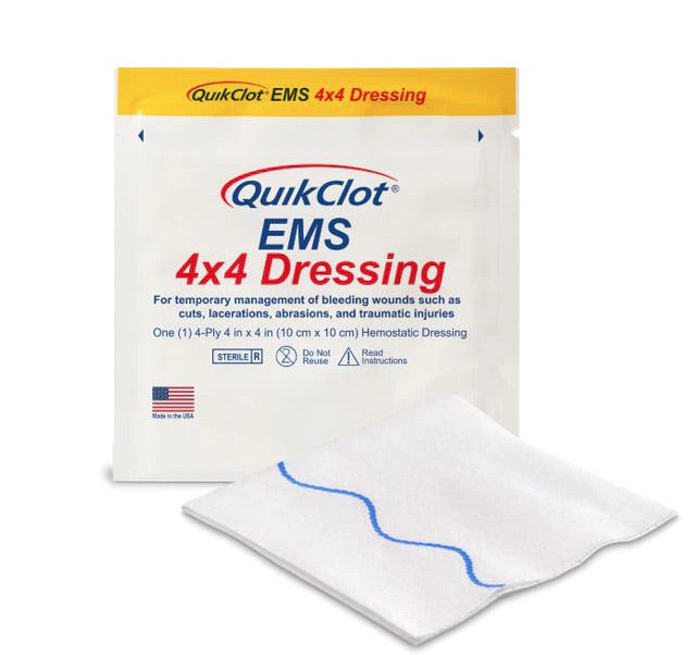 QuikClot EMS 4x4 Dressing in sterile yellow-labeled pouch with gauze partially displayed. Hemostatic pad designed for rapid bleeding control in cuts, lacerations, and trauma. TacMed Australia – CE-certified emergency dressing for first responders.