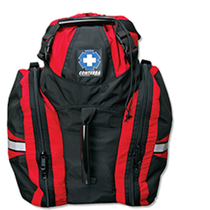 Front view of the REACH Rigging Pack in red and black with reflective strips and Conterra logo.