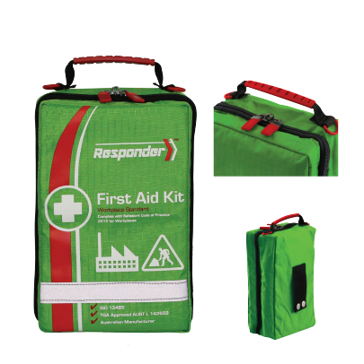 Responder Vehicle First Aid Kit in high-visibility green soft case with TacMed branding. Complies with WHS standards and ideal for fleet, worksite, or personal vehicle use.