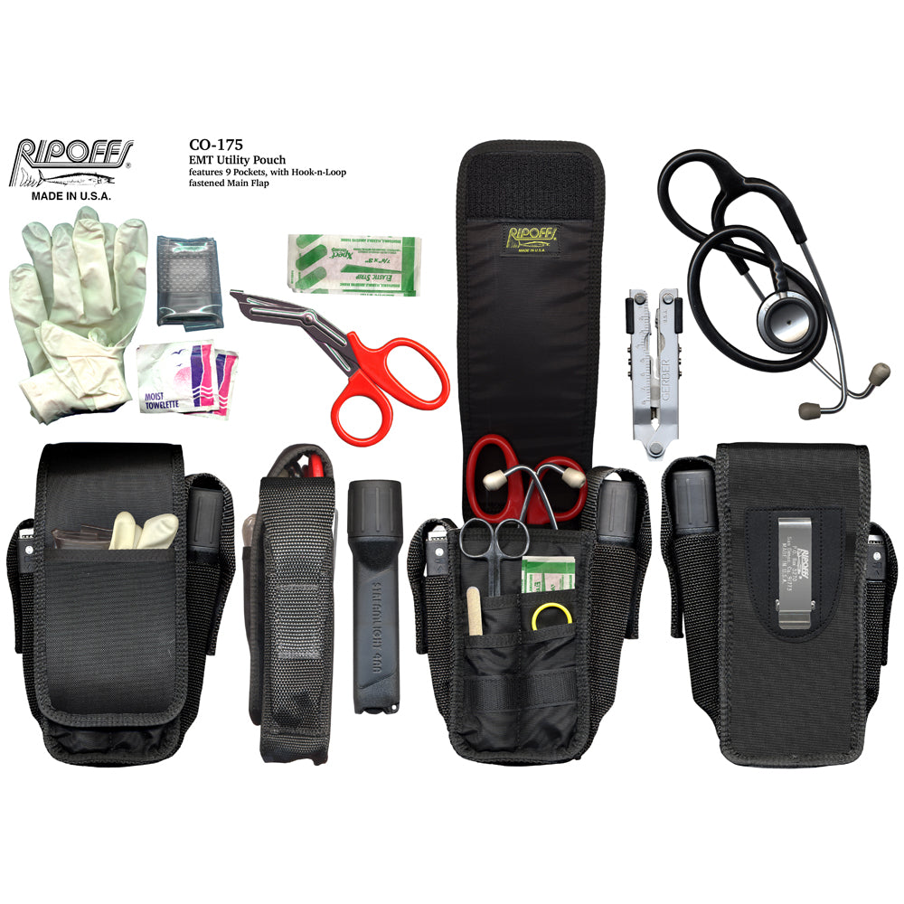 Complete 9-pocket EMT holster kit laid out with medical supplies such as gloves, stethoscope, shears, penlight, and tourniquet.