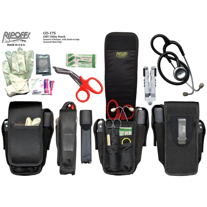 Complete 9-pocket EMT holster kit laid out with medical supplies such as gloves, stethoscope, shears, penlight, and tourniquet.