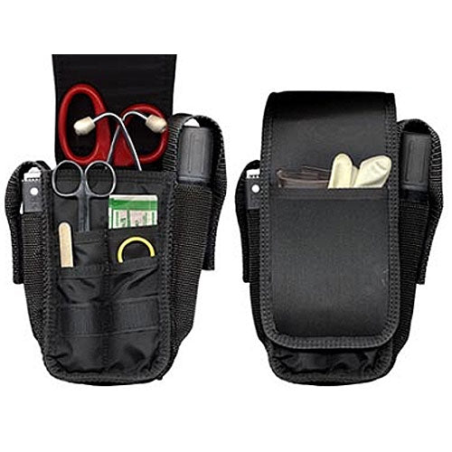 Black 9-pocket EMT holster with medical tools including scissors, penlight, stethoscope, and gloves, shown open and closed.