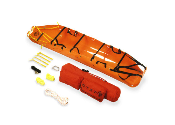 Rolled-out orange Sked stretcher with all components displayed for use in emergency rescue