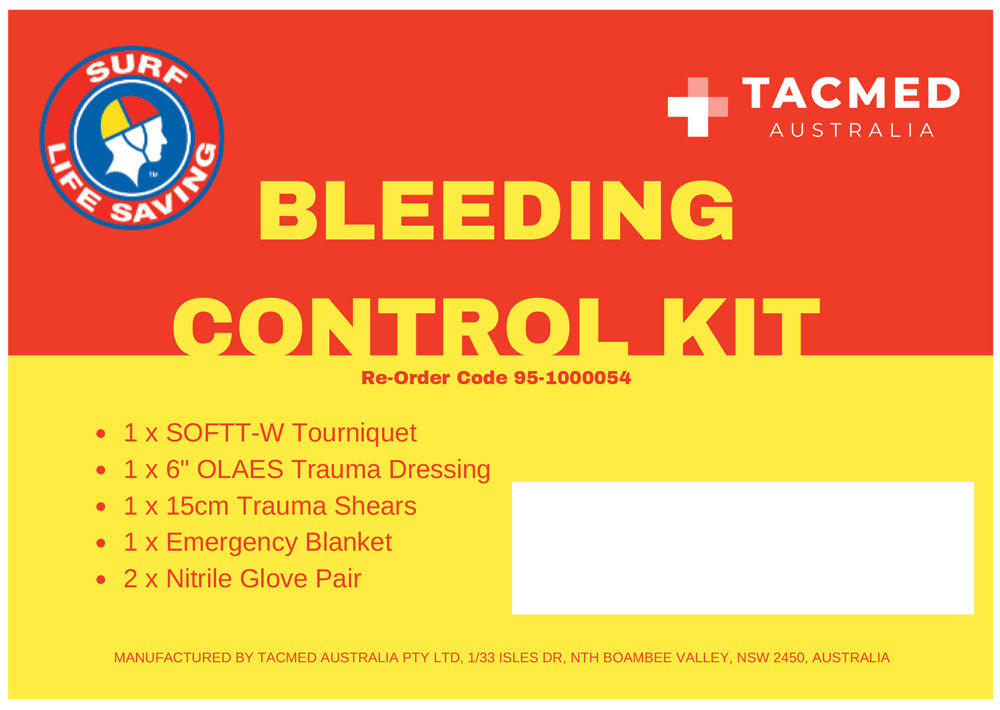 Bright red and yellow label for the Surf Life Saving and TacMed Bleeding Control Kit with item list and branding.