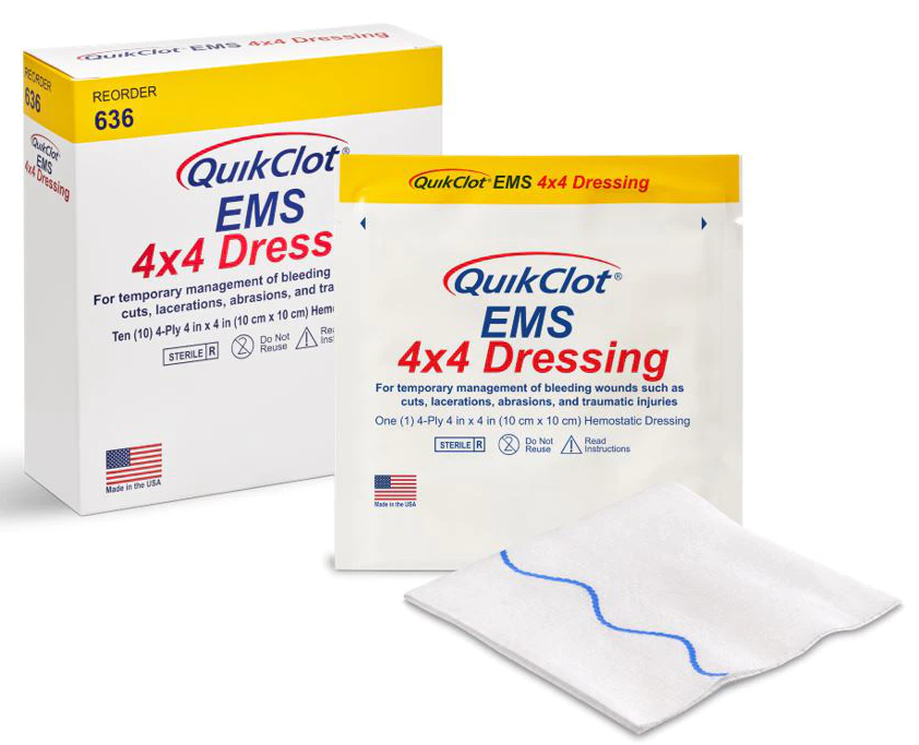 QuikClot EMS 4x4 Dressing shown with retail box and unpacked dressing. Designed for single-use trauma treatment in EMS and tactical environments. TacMed Australia – fast-acting hemostatic gauze for field care.
