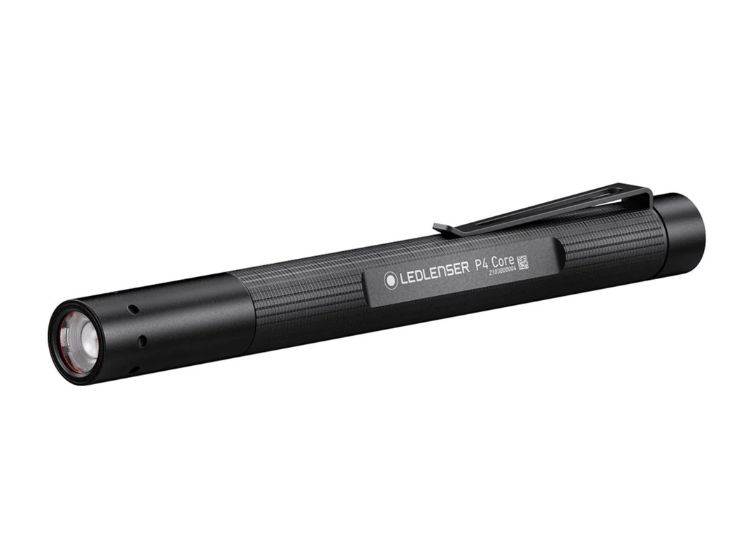 Slim black LED Lenser P4 flashlight with pocket clip, designed for precision lighting and easy portability.
