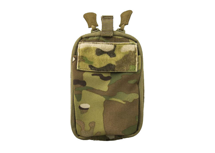 Front view of the SlimmerLine V2 pouch in multicam camouflage pattern with dual zippers and laser-cut MOLLE panel.