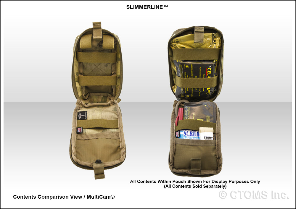 Interior view of the SlimmerLine V2 pouch opened flat displaying compartments with medical supplies organized inside.