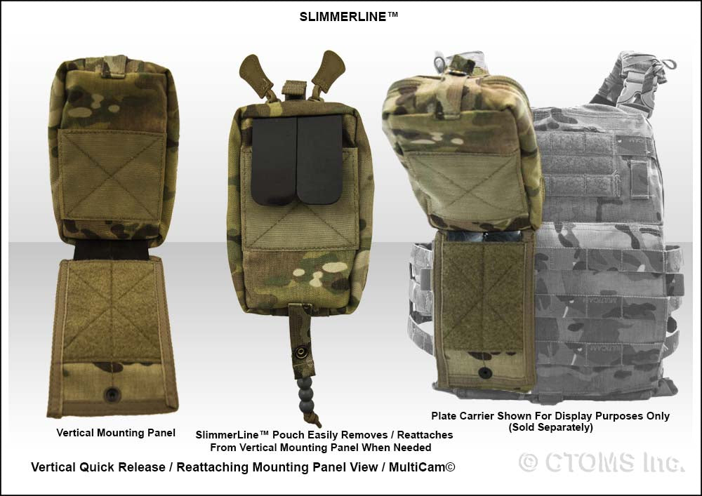 SlimmerLine V2 pouch attached to a tactical vest using its rear release panel for easy access and deployment.