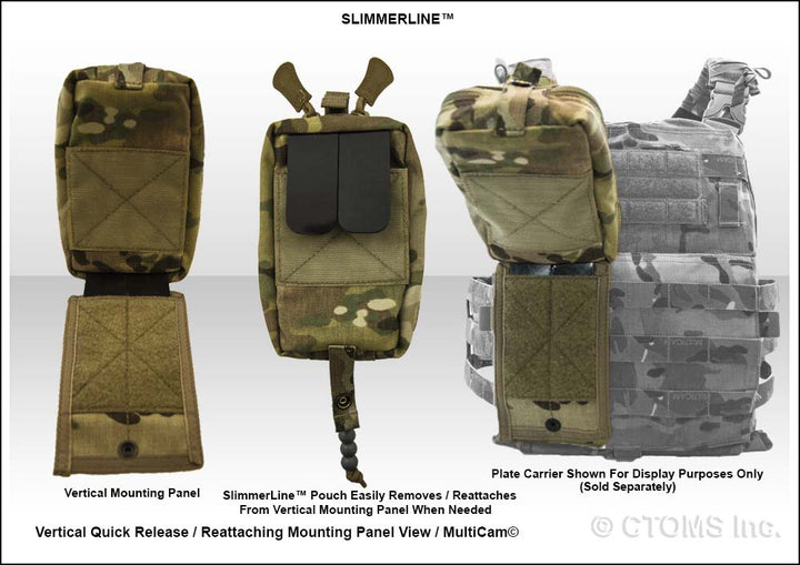 SlimmerLine V2 pouch attached to a tactical vest using its rear release panel for easy access and deployment.