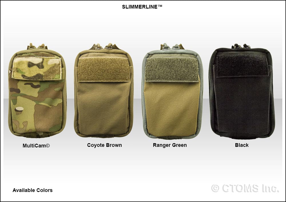 Side-by-side image showing the SlimmerLine V2 pouch in multiple colours: multicam, coyote brown, ranger green, and black.