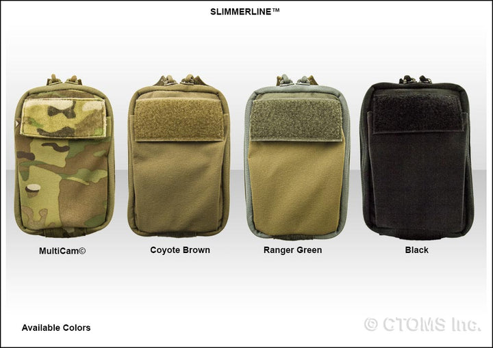 Side-by-side image showing the SlimmerLine V2 pouch in multiple colours: multicam, coyote brown, ranger green, and black.