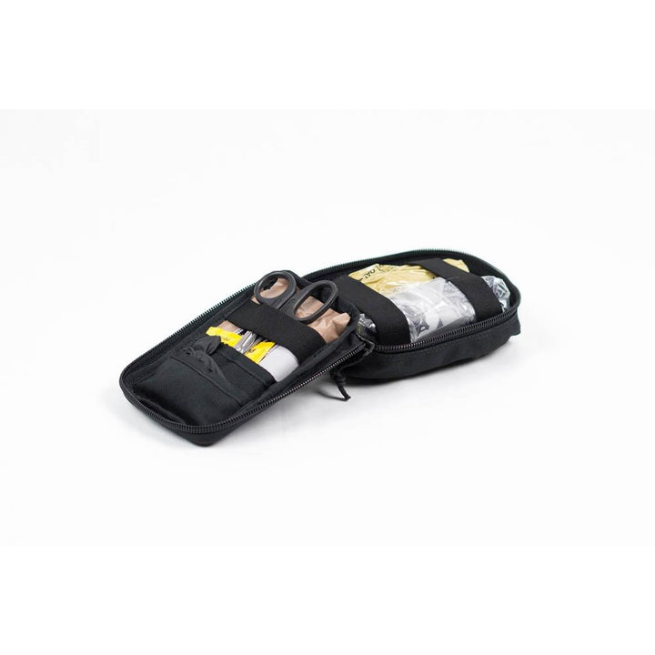 Operator IFAK zipped pouch with visible interior through mesh window. Allows fast visual inventory under pressure. TacMed Australia – organised trauma response kits for professional use.