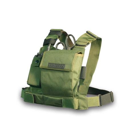 Tool Chest Radio Harness in tactical green with dual shoulder straps, MOLLE attachment loops, and front utility pouch. Designed for paramedics, search and rescue, and comms-heavy fieldwork.