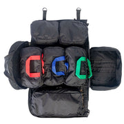 NAR Multi Mission Trauma Pack in black, a rugged backpack with 3200 cubic inch capacity for tactical medics. Features six detachable compartments, internal MOLLE with hook-and-loop, a multi-mission belt, and rappelling loops. Converts into a trauma sheet for vehicle or aircraft use. Includes North American Rescue branding. Bag only, gear sold separately