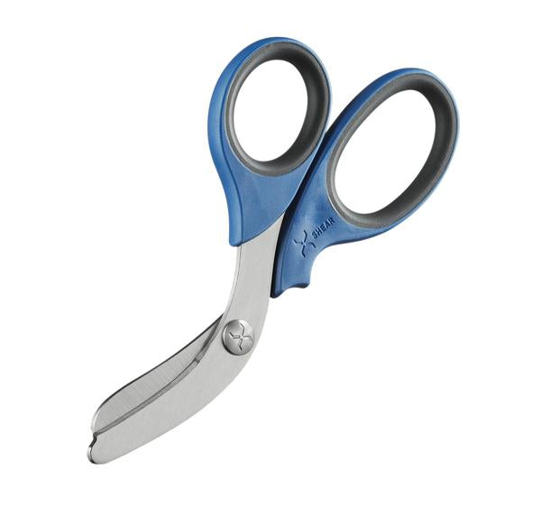 XShear 7.5 inch trauma shears with stainless steel blades and ergonomic blue handle.