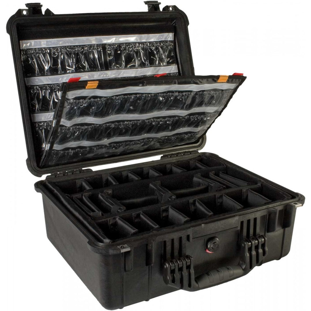 NAR case open displaying clear organiser pouches in the lid and customisable padded dividers in the base.