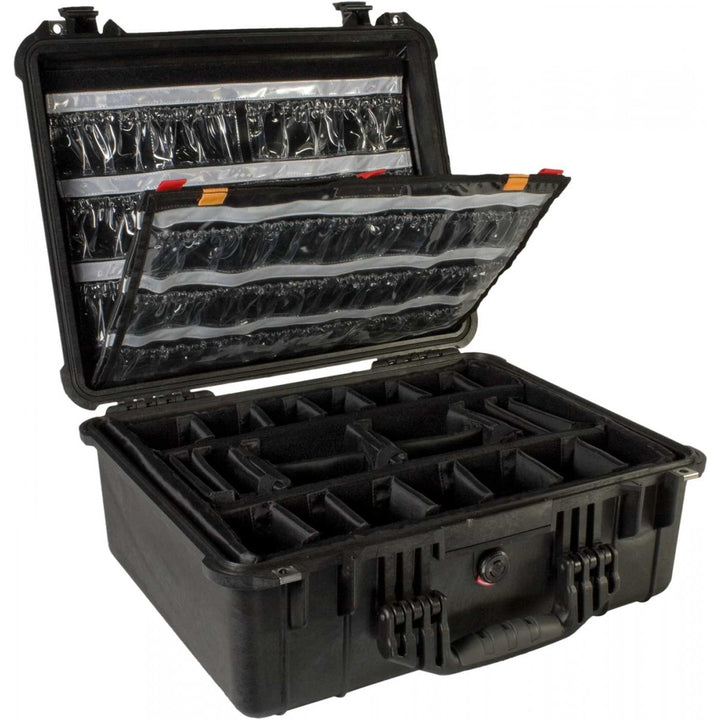NAR case open displaying clear organiser pouches in the lid and customisable padded dividers in the base.