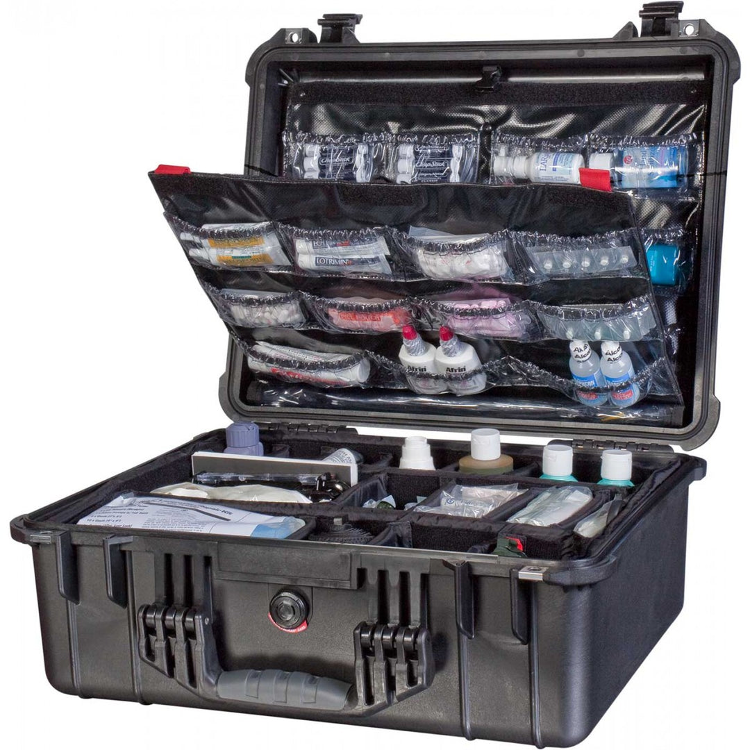 Front view of the NAR Injury & Ailment Case fully opened, showing mesh organiser pouches and modular interior storage layout.