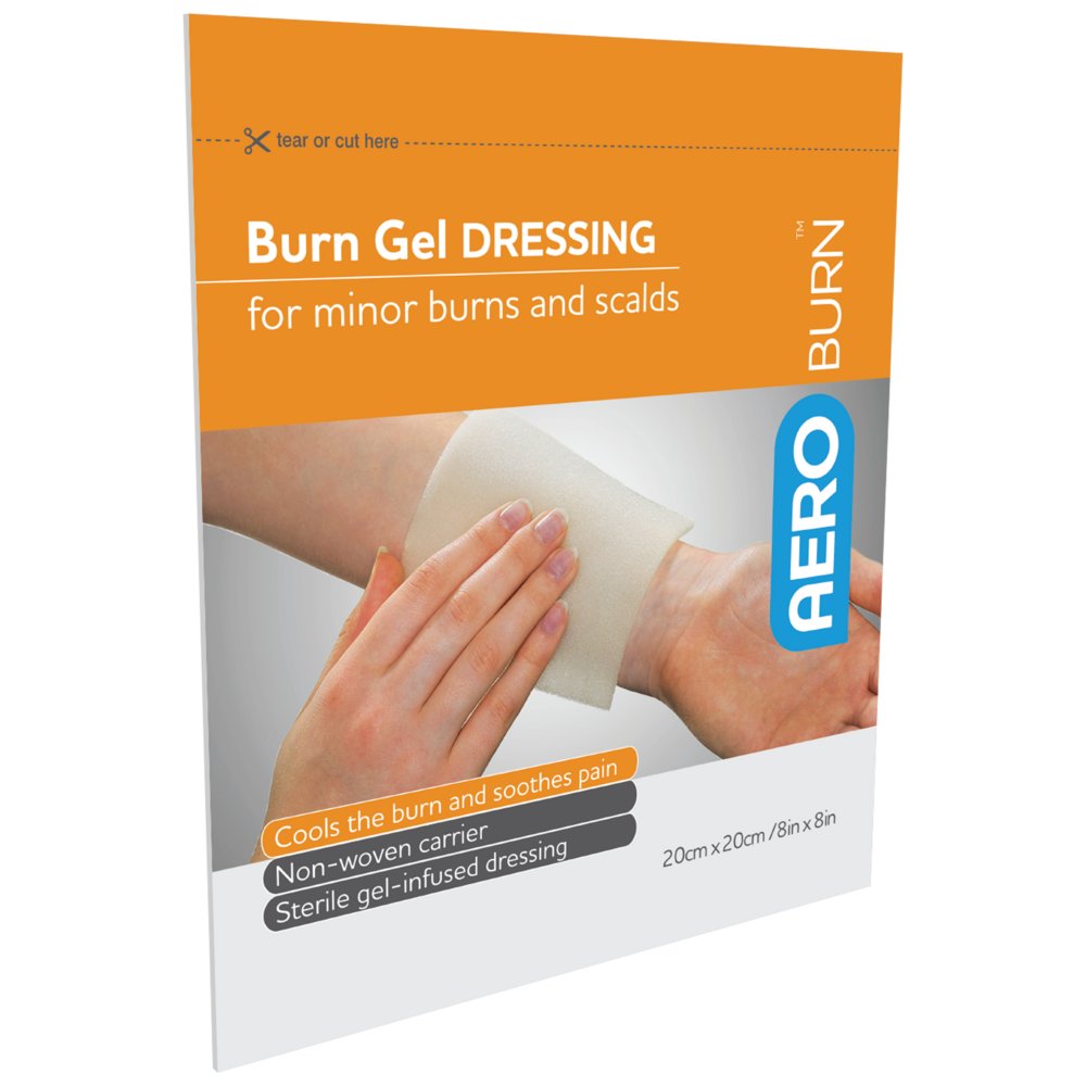 AeroBurn Burn Gel Dressing retail pack for minor burns and scalds. Sterile, gel-infused dressing for cooling and pain relief. TacMed Australia – trusted treatment for household, workplace, or field burns.