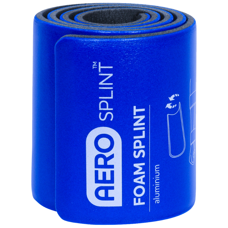 Rolled AeroSplint Aluminium Foam Splint in blue, showing compact design for easy storage.
